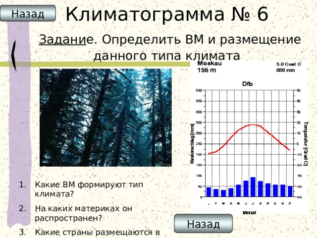 Климатограмма № 6   Задани е. Определить ВМ и размещение данного типа климата Назад Какие ВМ формируют тип климата? На каких материках он распространен? Какие страны размещаются в пределах данного типа климата? Назад 