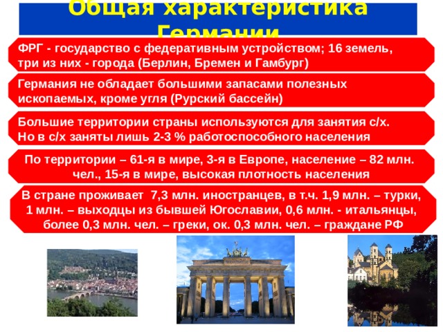 Общая характеристика Германии ФРГ - государство с федеративным устройством; 16 земель, три из них - города (Берлин, Бремен и Гамбург) Германия не обладает большими запасами полезных ископаемых, кроме угля (Рурский бассейн) Большие территории страны используются для занятия с/х. Но в с/х заняты лишь 2-3 % работоспособного населения По территории – 61-я в мире, 3-я в Европе, население – 82 млн. чел., 15-я в мире, высокая плотность населения В стране проживает 7,3 млн. иностранцев, в т.ч. 1,9 млн. – турки, 1 млн. – выходцы из бывшей Югославии, 0,6 млн. - итальянцы, более 0,3 млн. чел. – греки, ок. 0,3 млн. чел. – граждане РФ  