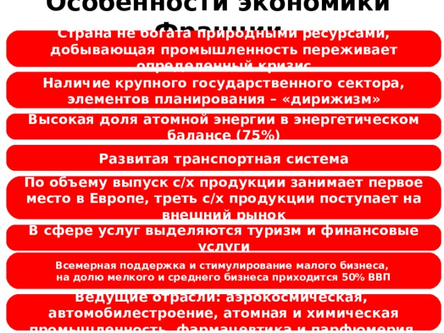 Особенности экономики Франции Страна не богата природными ресурсами, добывающая промышленность переживает определенный кризис Наличие крупного государственного сектора, элементов планирования – «дирижизм» Высокая доля атомной энергии в энергетическом балансе (75%) Развитая транспортная система По объему выпуск с/х продукции занимает первое место в Европе, треть с/х продукции поступает на внешний рынок В сфере услуг выделяются туризм и финансовые услуги Всемерная поддержка и стимулирование малого бизнеса, на долю мелкого и среднего бизнеса приходится 50% ВВП Ведущие отрасли: аэрокосмическая, автомобилестроение, атомная и химическая промышленность, фармацевтика и парфюмерия 