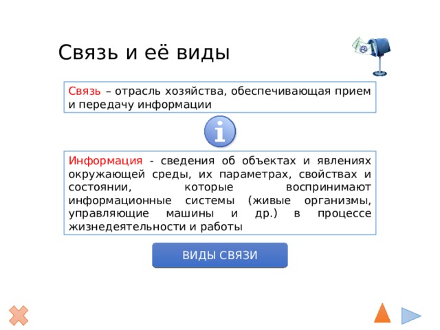 Связь и её виды Связь – отрасль хозяйства, обеспечивающая прием и передачу информации Информация - сведения об объектах и явлениях окружающей среды, их параметрах, свойствах и состоянии, которые воспринимают информационные системы (живые организмы, управляющие машины и др.) в процессе жизнедеятельности и работы ВИДЫ СВЯЗИ 