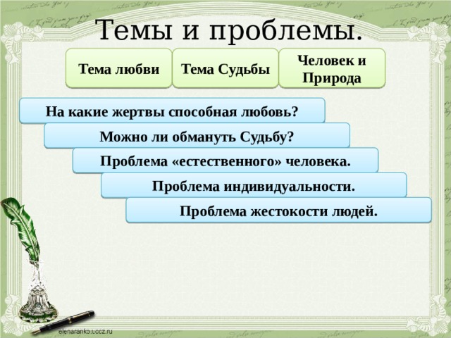 Темы и проблемы. Тема любви Тема Судьбы Человек и Природа На какие жертвы способная любовь? Можно ли обмануть Судьбу? Проблема «естественного» человека. Проблема индивидуальности. Проблема жестокости людей. 