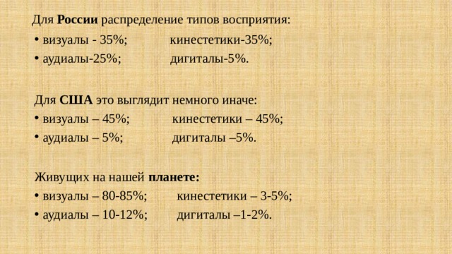 Для России распределение типов восприятия:   визуалы - 35%; кинестетики-35%; аудиалы-25%; дигиталы-5%. Для США это выглядит немного иначе: визуалы – 45%; кинестетики – 45%; аудиалы – 5%; дигиталы –5%. Живущих на нашей планете: визуалы – 80-85%; кинестетики – 3-5%; аудиалы – 10-12%; дигиталы –1-2%.  