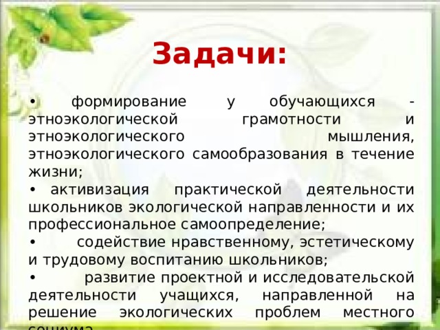             Задачи:                • формирование   у обучающихся - этноэкологической грамотности и этноэкологического мышления, этноэкологического самообразования в течение жизни; •  активизация практической деятельности школьников экологической направленности и их профессиональное самоопределение; • содействие нравственному, эстетическому и трудовому воспитанию школьников; • развитие проектной и исследовательской деятельности учащихся, направленной на решение экологических проблем местного социума. Задачи:  