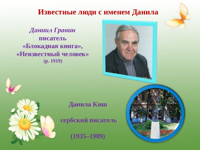 Известные люди с именем Данила Даниил Гранин писатель «Блокадная книга», «Неизвестный человек» (р. 1919) Данила Киш   сербский писатель   (1935–1989) 