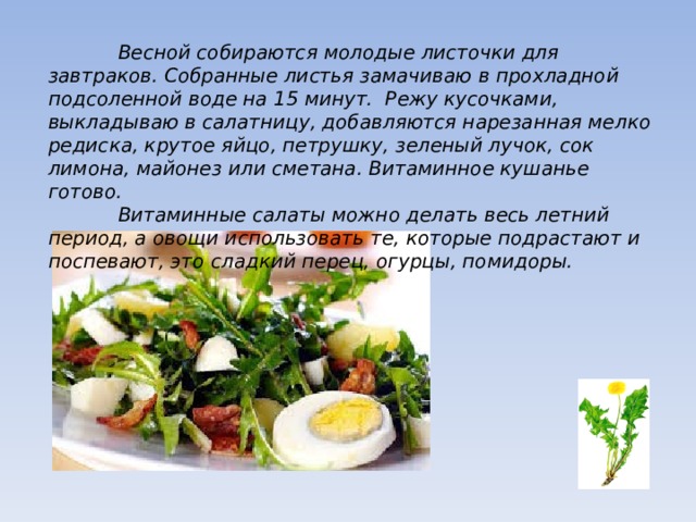  Весной собираются молодые листочки для завтраков. Собранные листья замачиваю в прохладной подсоленной воде на 15 минут. Режу кусочками, выкладываю в салатницу, добавляются нарезанная мелко редиска, крутое яйцо, петрушку, зеленый лучок, сок лимона, майонез или сметана. Витаминное кушанье готово.  Витаминные салаты можно делать весь летний период, а овощи использовать те, которые подрастают и поспевают, это сладкий перец, огурцы, помидоры. 