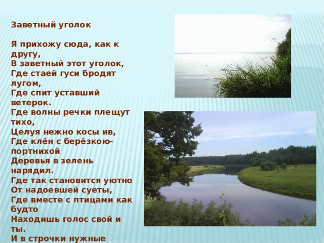 Заветный уголок  Я прихожу сюда, как к другу, В заветный этот уголок, Где стаей гуси бродят лугом, Где спит уставший ветерок. Где волны речки плещут тихо, Целуя нежно косы ив, Где клён с берёзкою-портнихой Деревья в зелень нарядил. Где так становится уютно От надоевшей суеты, Где вместе с птицами как будто Находишь голос свой и ты. И в строчки нужные слова, И мысли свежие толпой Приходят в стих, как жизнь сама, Ко мне над речкою родной.  Ю.М. Петрин 