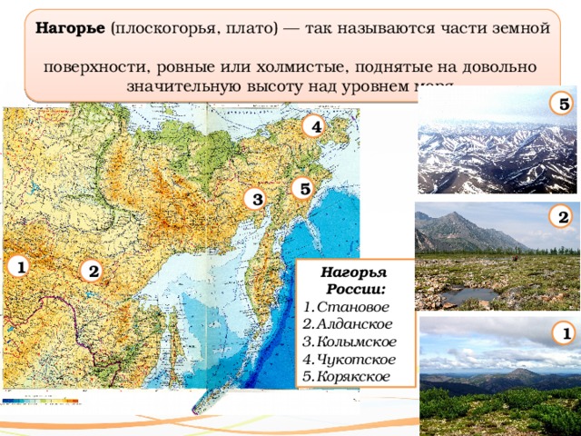 Нагорье (плоскогорья, плато) — так называются части земной  поверхности, ровные или холмистые, поднятые на довольно  значительную высоту над уровнем моря. 5 4 5 3 2 1 Нагорья  России: 2 Становое Алданское Колымское Чукотское Корякское 1 