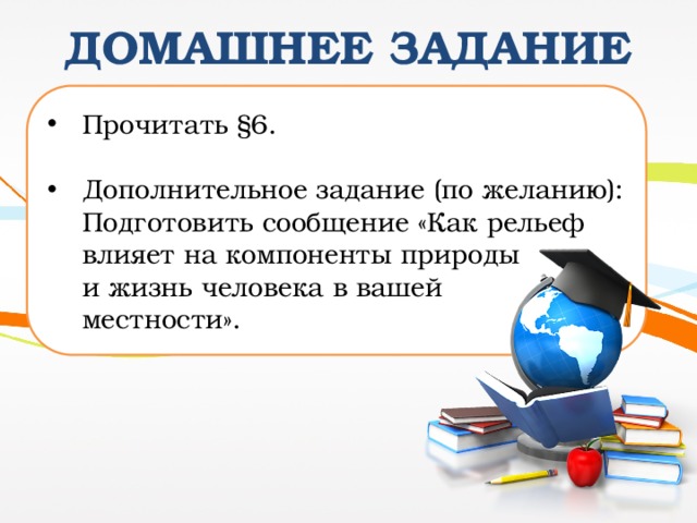 ДОМАШНЕЕ ЗАДАНИЕ Прочитать §6.   Дополнительное задание (по желанию): Подготовить сообщение «Как рельеф  влияет на компоненты природы  и жизнь человека в вашей  местности». 