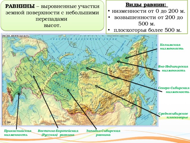 Виды равнин:  низменности от 0 до 200 м.  возвышенности от 200 до 500 м.  плоскогорья более 500 м. РАВНИНЫ – выровненные участки земной поверхности с небольшими перепадами  высот. Колымская  низменность Яно-Индигирская низменность Северо-Сибирская низменность Среднесибирское плоскогорье Западно-Сибирская равнина Восточно-Европейская (Русская) равнина Прикаспийская низменность 