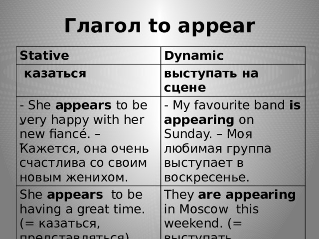 Глагол to appear Stative Dynamic  казаться выступать на сцене - She appears to be very happy with her new fiancé. – Кажется, она очень счастлива со своим новым женихом. - My favourite band is appearing on Sunday. – Моя любимая группа выступает в воскресенье. She appears to be having a great time. (= казаться, представляться) They are appearing in Moscow this weekend. (= выступать, появляться) - - 