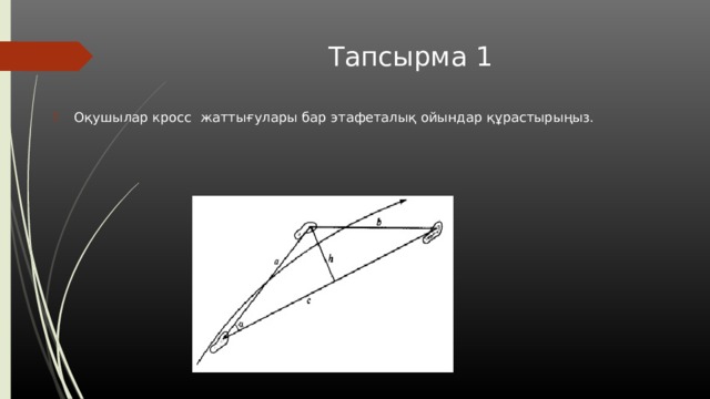 Тапсырма 1 Оқушылар кросс жаттығулары бар этафеталық ойындар құрастырыңыз. 