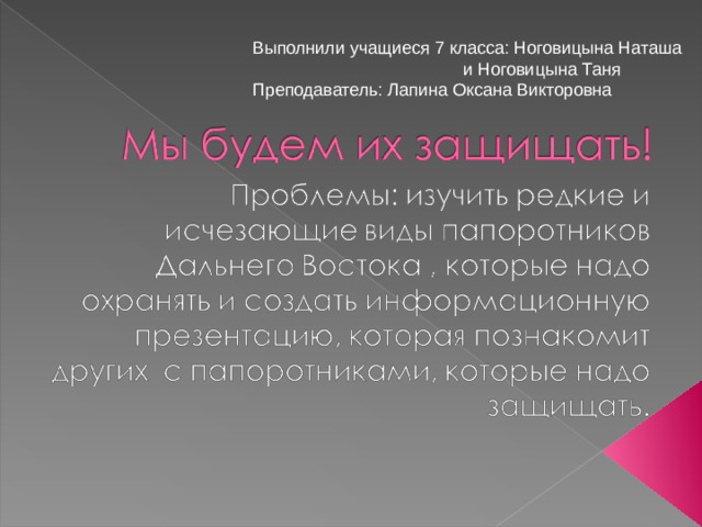 Выполнили учащиеся 7 класса: Ноговицына Наташа    и Ноговицына Таня Преподаватель: Лапина Оксана Викторовна 