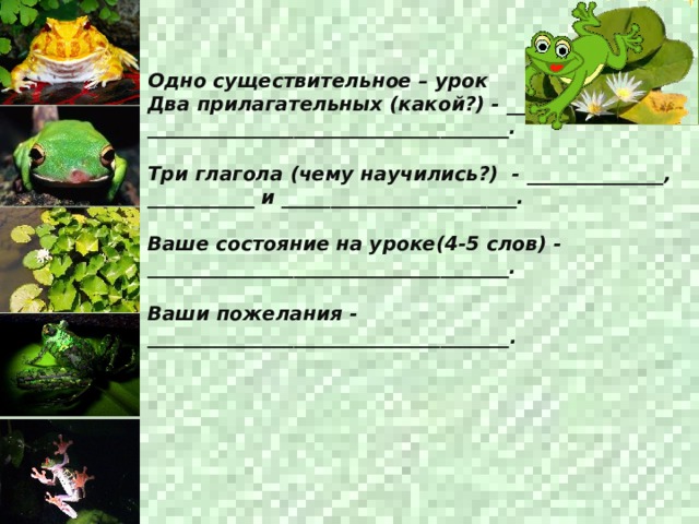 Одно существительное – урок Два прилагательных (какой?) - ___________, _____________________________________.  Три глагола (чему научились?) - ______________, ___________ и ________________________.  Ваше состояние на уроке(4-5 слов) - _____________________________________.  Ваши пожелания - _____________________________________ .   
