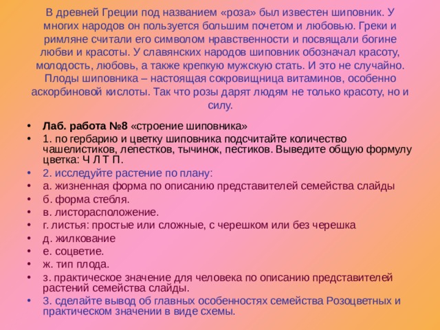 В древней Греции под названием «роза» был известен шиповник. У многих народов он пользуется большим почетом и любовью. Греки и римляне считали его символом нравственности и посвящали богине любви и красоты. У славянских народов шиповник обозначал красоту, молодость, любовь, а также крепкую мужскую стать. И это не случайно. Плоды шиповника – настоящая сокровищница витаминов, особенно аскорбиновой кислоты. Так что розы дарят людям не только красоту, но и силу. Лаб. работа №8 «строение шиповника» 1. по гербарию и цветку шиповника подсчитайте количество чашелистиков, лепестков, тычинок, пестиков. Выведите общую формулу цветка: Ч Л Т П. 2. исследуйте растение по плану: а. жизненная форма по описанию представителей семейства слайды б. форма стебля. в. листорасположение. г. листья: простые или сложные, с черешком или без черешка д. жилкование е. соцветие. ж. тип плода. з. практическое значение для человека по описанию представителей растений семейства слайды. 3. сделайте вывод об главных особенностях семейства Розоцветных и практическом значении в виде схемы. 