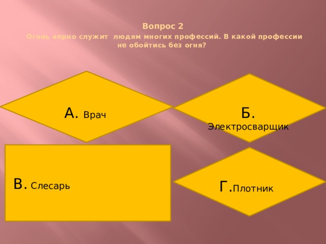  Вопрос 2   Огонь верно служит людям многих профессий. В какой профессии не обойтись без огня? А. Врач Б. Электросварщик В. Слесарь Г. Плотник  