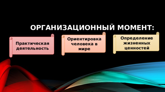 Организационный момент: Ориентировка человека в мире Определение жизненных ценностей Практическая деятельность 