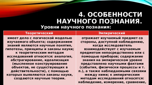 4. Особенности научного познания. Уровни научного познания:  Теоретический Эмпирический имеет дело с логической моделью изучаемого объекта; содержанием знаний являются научные понятия, гипотезы, принципы и законы науки; к теоретическим методам исследований относятся: аналогия, абстрагирование, идеализация (мысленное конструирование объектов, не существующих в действительности), с помощью которых выявляются законы науки, создаются научные теории. отражает изучаемый предмет со стороны, доступной наблюдению, когда исследователь взаимодействует с изучаемым предметом непосредственно или с помощью приборов; содержание знания на эмпирическом уровне представлено научными фактами (события, физически процессы и т. п.), а также наблюдаемыми связями между ними; к эмпирическим методам исследований относятся: наблюдение, измерение, сравнение, эксперимент 
