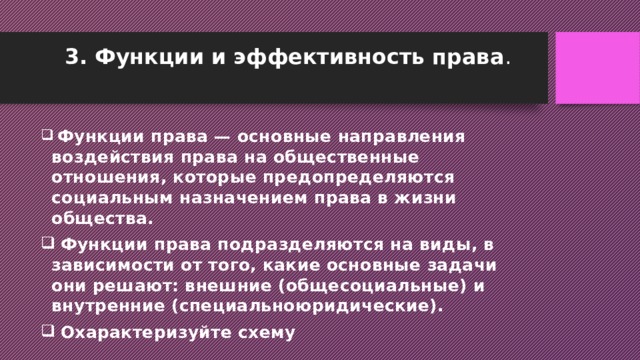 3. Функции и эффективность права .    Функции права — основные направления воздействия права на общественные отношения, которые предопределяются социальным назначением права в жизни общества.  Функции права подразделяются на виды, в зависимости от того, какие основные задачи они решают: внешние (общесоциальные) и внутренние (специальноюридические).  Охарактеризуйте схему 