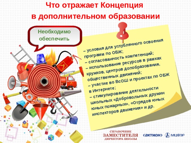 Что отражает Концепция  в дополнительном образовании – условия для углубленного освоения программ по ОБЖ; – согласованность компетенций; – использование ресурсов в рамках кружков, центров допобразования, общественных движений; – участие во ВсОШ и проектах по ОБЖ  в Интернете; – стимулирование деятельности школьных «Добровольных дружин юных пожарных», «Отрядов юных инспекторов движения» и др. Необходимо обеспечить 