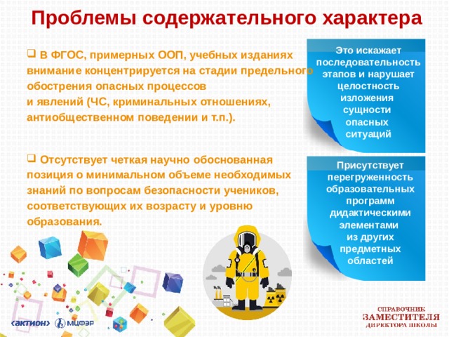 Проблемы содержательного характера Это искажает последовательность этапов и нарушает целостность изложения  сущности  опасных  ситуаций   В ФГОС, примерных ООП, учебных изданиях внимание концентрируется на стадии предельного обострения опасных процессов  и явлений (ЧС, криминальных отношениях, антиобщественном поведении и т.п.).  Отсутствует четкая научно обоснованная позиция о минимальном объеме необходимых знаний по вопросам безопасности учеников, соответствующих их возрасту и уровню образования. Присутствует перегруженность образовательных программ дидактическими элементами  из других предметных областей 