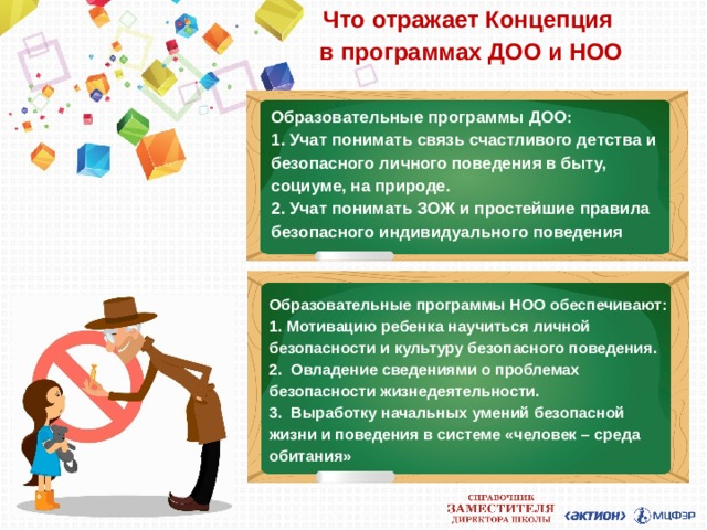 Что отражает Концепция  в программах ДОО и НОО Образовательные программы ДОО: 1. Учат понимать связь счастливого детства и безопасного личного поведения в быту, социуме, на природе. 2. Учат понимать ЗОЖ и простейшие правила безопасного индивидуального поведения Образовательные программы НОО обеспечивают: 1. Мотивацию ребенка научиться личной безопасности и культуру безопасного поведения. 2. Овладение сведениями о проблемах безопасности жизнедеятельности. 3. Выработку начальных умений безопасной жизни и поведения в системе «человек – среда обитания» 