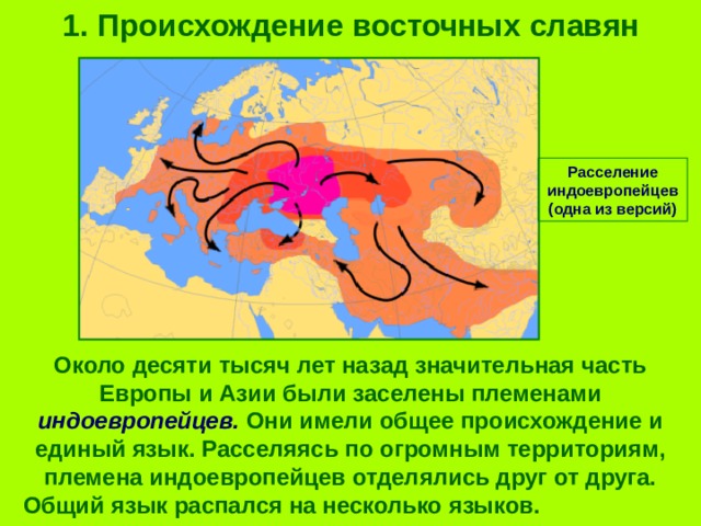 1. Происхождение восточных славян Расселение индоевропейцев (одна из версий) Около десяти тысяч лет назад значительная часть Европы и Азии были заселены племенами индоевропейцев. Они имели общее происхождение и единый язык. Расселяясь по огромным территориям, племена индоевропейцев отделялись друг от друга. Общий язык распался на несколько языков. 