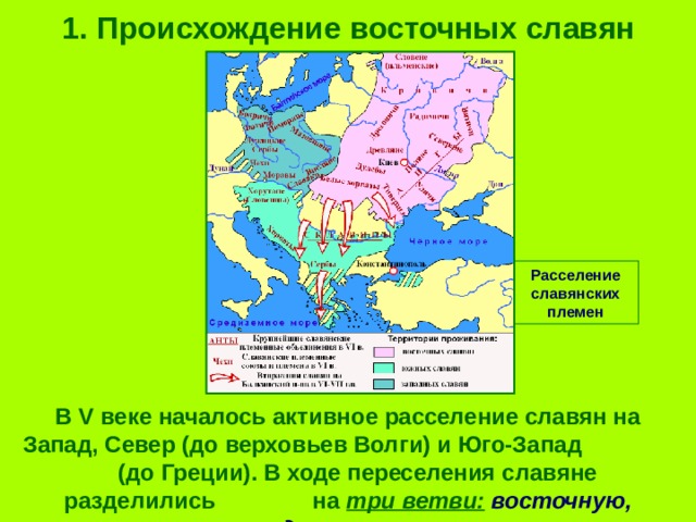 1. Происхождение восточных славян Расселение славянских племен В V веке началось активное расселение славян на Запад, Север (до верховьев Волги) и Юго-Запад (до Греции). В ходе переселения славяне разделились на три ветви:  восточную, западную и южную. 