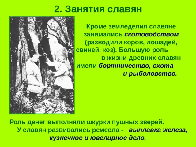 2. Занятия славян Кроме земледелия славяне занимались скотоводством (разводили коров, лошадей, свиней, коз). Большую роль в жизни древних славян имели бортничество, охота и рыболовство. Роль денег выполняли шкурки пушных зверей. У славян развивались ремесла - выплавка железа, кузнечное и ювелирное дело. 
