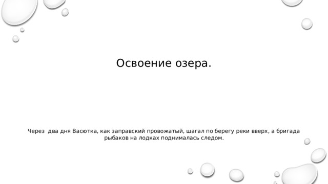 Освоение озера. Через два дня Васютка, как заправский провожатый, шагал по берегу реки вверх, а бригада рыбаков на лодках поднималась следом. 