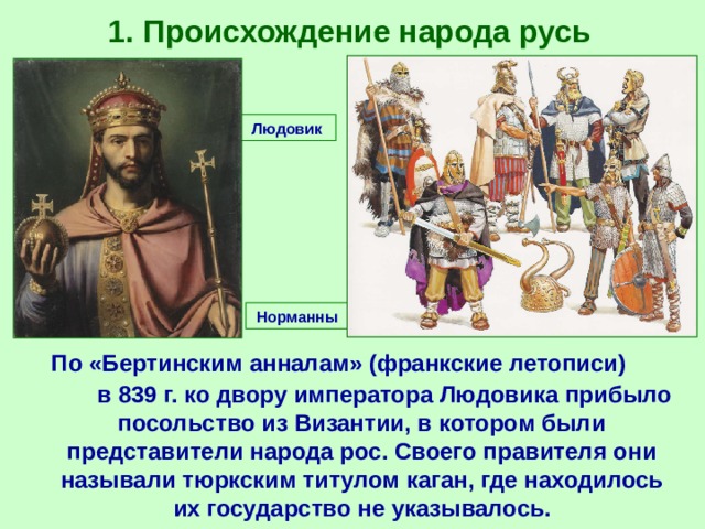 1. Происхождение народа русь Людовик Норманны  По «Бертинским анналам» (франкские летописи) в 839 г. ко двору императора Людовика прибыло посольство из Византии, в котором были представители народа рос. Своего правителя они называли тюркским титулом каган, где находилось их государство не указывалось. 