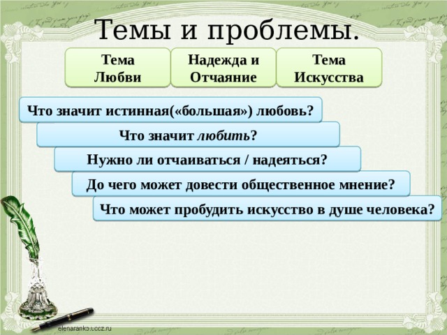 Темы и проблемы. Тема Надежда и Отчаяние Тема Искусства Любви Что значит истинная(«большая») любовь? Что значит любить ? Нужно ли отчаиваться / надеяться? До чего может довести общественное мнение? Что может пробудить искусство в душе человека? 