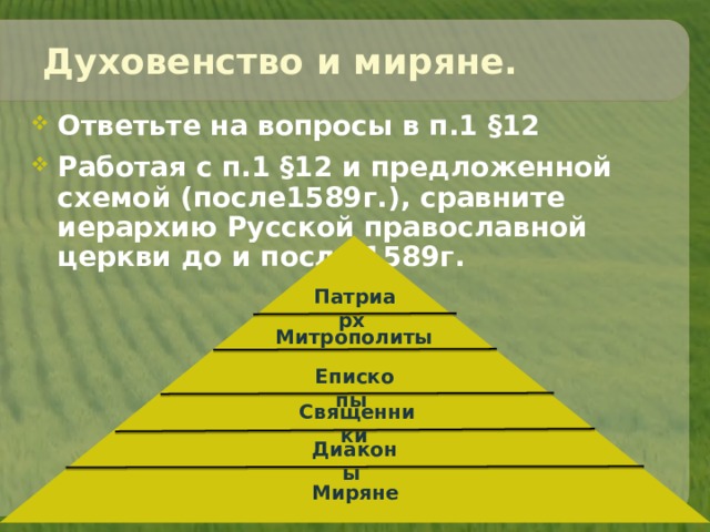 Духовенство и миряне. Ответьте на вопросы в п.1 §12 Работая с п.1 §12 и предложенной схемой (после1589г.), сравните иерархию Русской православной церкви до и после 1589г. Патриарх Митрополиты Епископы Священники Диаконы Миряне 