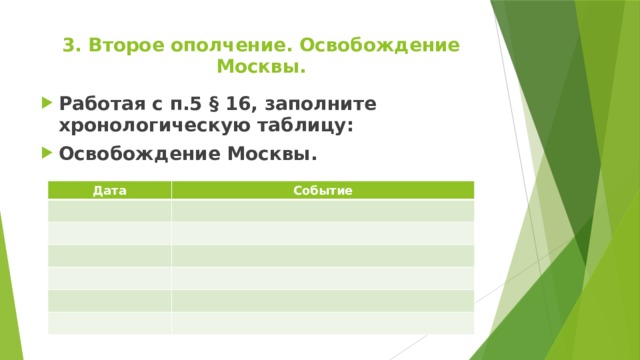 3. Второе ополчение. Освобождение Москвы.   Работая с п.5 § 16, заполните хронологическую таблицу: Освобождение Москвы.    Дата Событие 