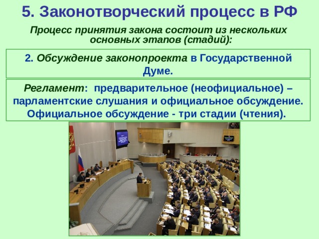 5. Законотворческий процесс в РФ  Процесс принятия закона состоит из нескольких основных этапов (стадий): 2. Обсуждение законопроекта в Государственной Думе. Регламент : предварительное (неофициальное) – парламентские слушания и официальное обсуждение. Официальное обсуждение - три стадии (чтения). 