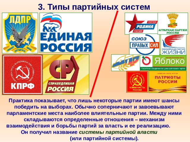 3. Типы партийных систем Практика показывает, что лишь некоторые партии имеют шансы победить на выборах. Обычно соперничают и завоевывают парламентские места наиболее влиятельные партии. Между ними складываются определенные отношения – механизм взаимодействия и борьбы партий за власть и ее реализацию. Он получил название системы партийной власти (или партийной системы). 