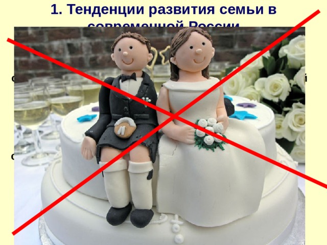 1. Тенденции развития семьи в современной России 50% россиянок не замужем. Российские мужчины, согласно установившемуся еще во времена Сталина образцу поведения, пьют, курят, страдают из-за своей легкомысленности и невоздержанности, ругаются матом, нередко оскорбляя этим жену, и рассматривают посещение врача как признак слабости. В дореволюционной России средняя продолжительность жизни женщин превышала среднюю продолжительность жизни мужчин на 2 года, в СССР - на 7,4 года, а по современным данным - на 13,91 лет. 