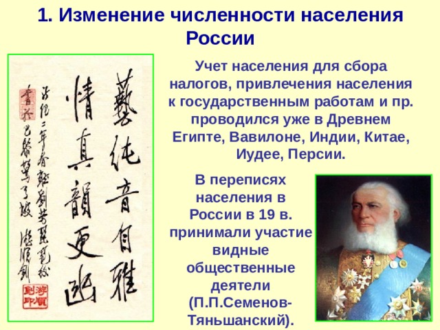1. Изменение численности населения России Учет населения для сбора налогов, привлечения населения к государственным работам и пр. проводился уже в Древнем Египте, Вавилоне, Индии, Китае, Иудее, Персии. В переписях населения в России в 19 в. принимали участие видные общественные деятели (П.П.Семенов-Тяньшанский). 