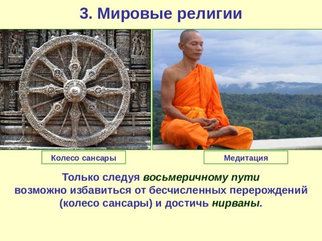 3. Мировые религии Колесо сансары Медитация Только следуя восьмеричному пути возможно избавиться от бесчисленных перерождений (колесо сансары) и достичь нирваны . 