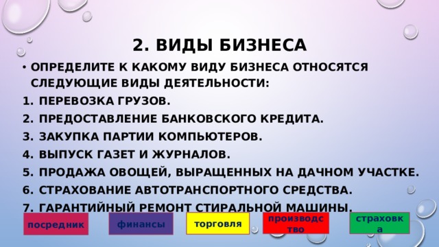 2. Виды бизнеса Определите к какому виду бизнеса относятся следующие виды деятельности: Перевозка грузов. Предоставление банковского кредита. Закупка партии компьютеров. Выпуск газет и журналов. Продажа овощей, выращенных на дачном участке. Страхование автотранспортного средства. Гарантийный ремонт стиральной машины. торговля производство страховка финансы посредник 