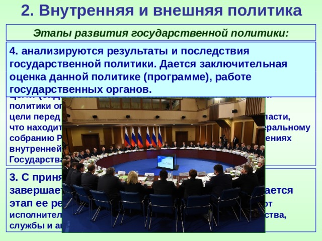 2. Внутренняя и внешняя политика Этапы развития государственной политики: 1. выявляются общественно значимые проблемы и их причины; 4. анализируются результаты и последствия государственной политики. Дается заключительная оценка данной политике (программе), работе государственных органов. 2. на основе проведенного анализа определяются цели (задачи) (общую стратегию внешней и внутренней политики определяет президент РФ. Он же ставит общие цели перед федеральными органами исполнительной власти, что находит отражение в его ежегодном Послании к Федеральному собранию РФ о положении в стране и основных направлениях внутренней и внешней политики Государства); 3. С принятием правительственных программ завершается этап разработки политики и начинается этап ее реализации (Здесь на первый план выступают исполнительные органы власти, прежде всего министерства, службы и агентства); 
