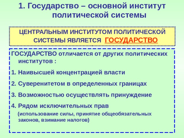 1. Государство – основной институт политической системы    ЦЕНТРАЛЬНЫМ ИНСТИТУТОМ ПОЛИТИЧЕСКОЙ СИСТЕМЫ ЯВЛЯЕТСЯ ГОСУДАРСТВО ГОСУДАРСТВО отличается от других политических институтов : Наивысшей концентрацией власти Суверенитетом в определенных границах Возможностью осуществлять принуждение Рядом исключительных прав    (использование силы, принятие общеобязательных законов, взимание налогов)  