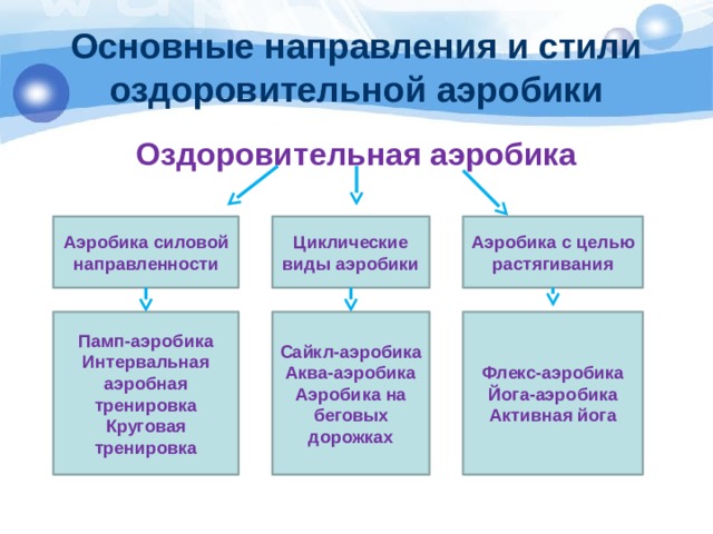 Основные направления и стили оздоровительной аэробики Оздоровительная аэробика Аэробика силовой Циклические виды аэробики Аэробика с целью растягивания направленности Памп-аэробика Сайкл-аэробика Флекс-аэробика Интервальная аэробная тренировка Аква-аэробика Йога-аэробика Круговая Аэробика на беговых дорожках Активная йога тренировка 