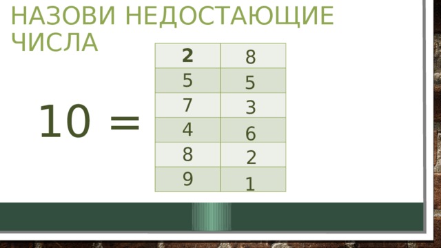Назови недостающие числа 8 2 5 7 4 8 9 5 10 = 3 6 2 1 