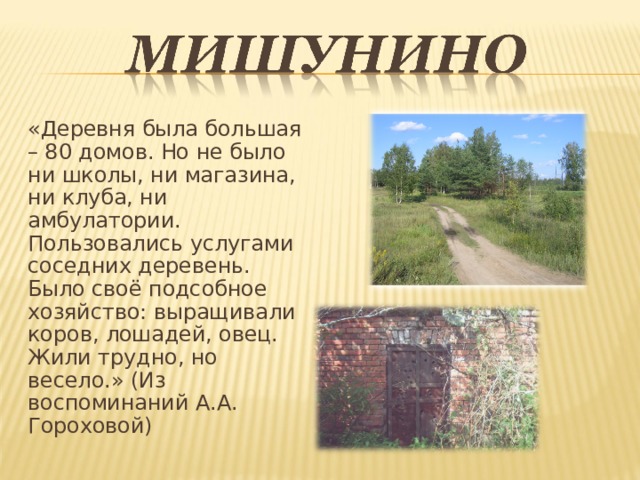 «Деревня была большая – 80 домов. Но не было ни школы, ни магазина, ни клуба, ни амбулатории. Пользовались услугами соседних деревень. Было своё подсобное хозяйство: выращивали коров, лошадей, овец. Жили трудно, но весело.» (Из воспоминаний А.А. Гороховой) 