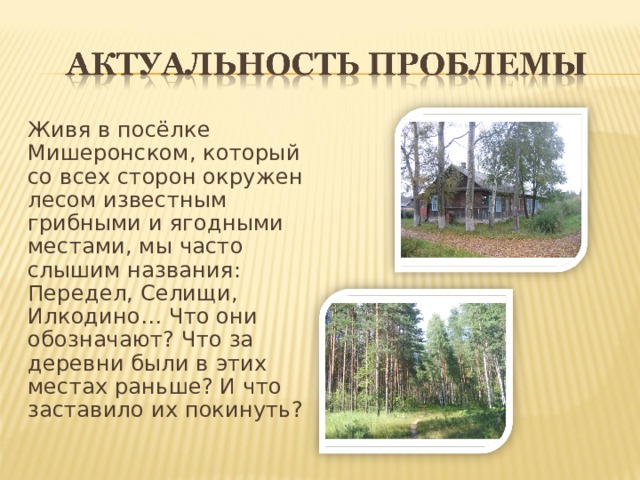 Живя в посёлке Мишеронском, который со всех сторон окружен лесом известным грибными и ягодными местами, мы часто слышим названия: Передел, Селищи, Илкодино… Что они обозначают? Что за деревни были в этих местах раньше? И что заставило их покинуть? 