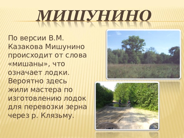 По версии В.М. Казакова Мишунино происходит от слова «мишаны», что означает лодки. Вероятно здесь жили мастера по изготовлению лодок для перевозки зерна через р. Клязьму. 