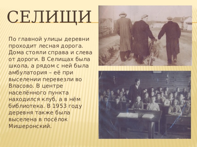 селищи По главной улицы деревни проходит лесная дорога. Дома стояли справа и слева от дороги. В Селищах была школа, а рядом с ней была амбулатория – её при выселении перевезли во Власово. В центре населённого пункта находился клуб, а в нём библиотека. В 1953 году деревня также была выселена в посёлок Мишеронский. 