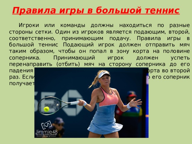 Правила игры в большой теннис   Игроки или команды должны находиться по разные стороны сетки. Один из игроков является подающим, второй, соответственно, принимающим подачу. Правила игры в большой теннис Подающий игрок должен отправить мяч таким образом, чтобы он попал в зону корта на половине соперника. Принимающий игрок должен успеть перенаправить (отбить) мяч на сторону соперника до его падения на корт или до того, как он коснется корта во второй раз. Если один из теннисистов пропустил мяч, то его соперник получает очко. 