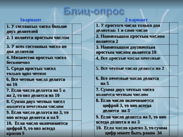 2 вариант  1вариант  1. У простого числа только два делителя: 1 и само число 2. Наименьшим простым числом является 2 3. Наименьшим двузначным простым числом является 10 4. Все простые числа нечетные 5. Все четные числа делятся на 2 6. Все нечетные числа делятся  на 5 7. Сумма двух четных чисел является четным числом 8. Если число оканчивается цифрой 3, то оно всегда делится на 3 9. Если число делится на 9, то оно всегда делится и на 3 10. Если число кратно 3, то сумма цифр может быть равна 34 1. У составных чисел больше двух делителей 2. 1 является простым числом 3. У всех составных чисел по два делителя 4. Множество простых чисел бесконечно 5. Среди простых чисел только одно четное 6. Все четные числа делятся на 10 7. Если число делится на 5 и на 2, то оно делится на 10 8. Сумма двух четных чисел является нечетным числом 9. Если число делится на 3, то оно всегда делится и на 9 10. Если число оканчивается цифрой 9, то оно всегда кратно 9 