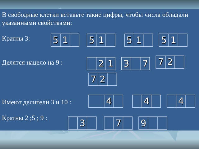 В свободные клетки вставьте такие цифры, чтобы числа обладали указанными свойствами: Кратны 3: Делятся нацело на 9 : Имеют делители 3 и 10 : Кратны 2 ;5 ; 9 : 3 0 6 9 5 5 5 5 1 1 1 1 6 0 8 7 2 3 2 7 1 9 7 2 8 0 5 0 2 0 Признаки делимости 4 4 4 6 0 2 0  0 0 9 7 3  9 0  